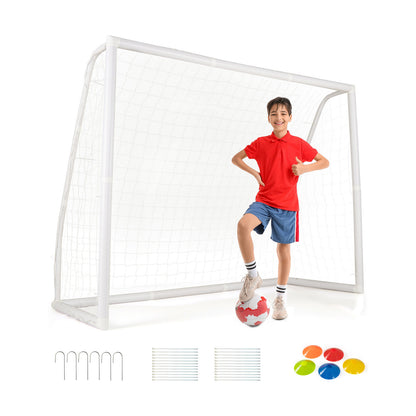 Adjustable Soccer Goal Football Training Equipment with 5 Soccer Training Cones shown with a boy, a football and training