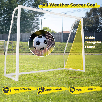 Close up of the soccer goal showing its frame and net with text about its features