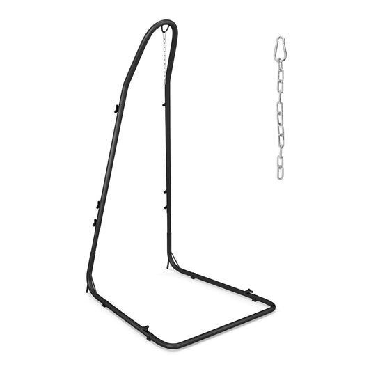 Adjustable Swing Hammock Chair Stand with Heavy-duty Metal Frame, a black metal frame with a hanging chain