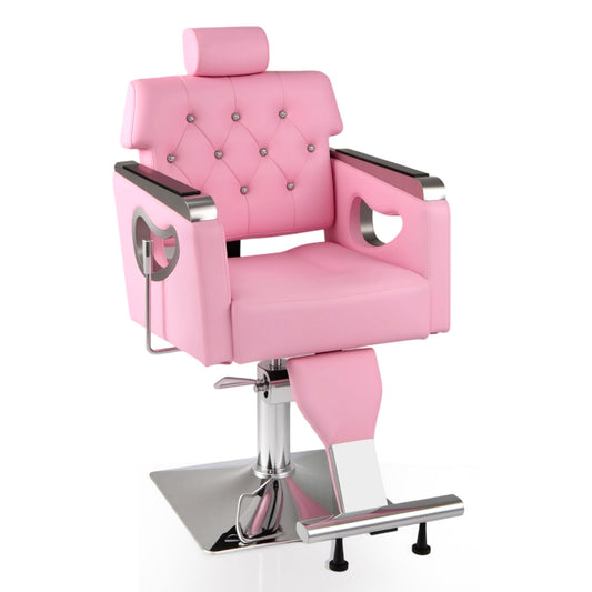 Adjustable Swivel Barber Chair with Padded Backrest in pink, a hydraulic salon chair with a footrest and headrest