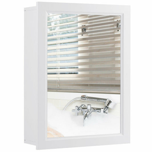 Adjustable Wall Mounted Storage Cupboard with Mirror showing a reflection of a bathroom tap