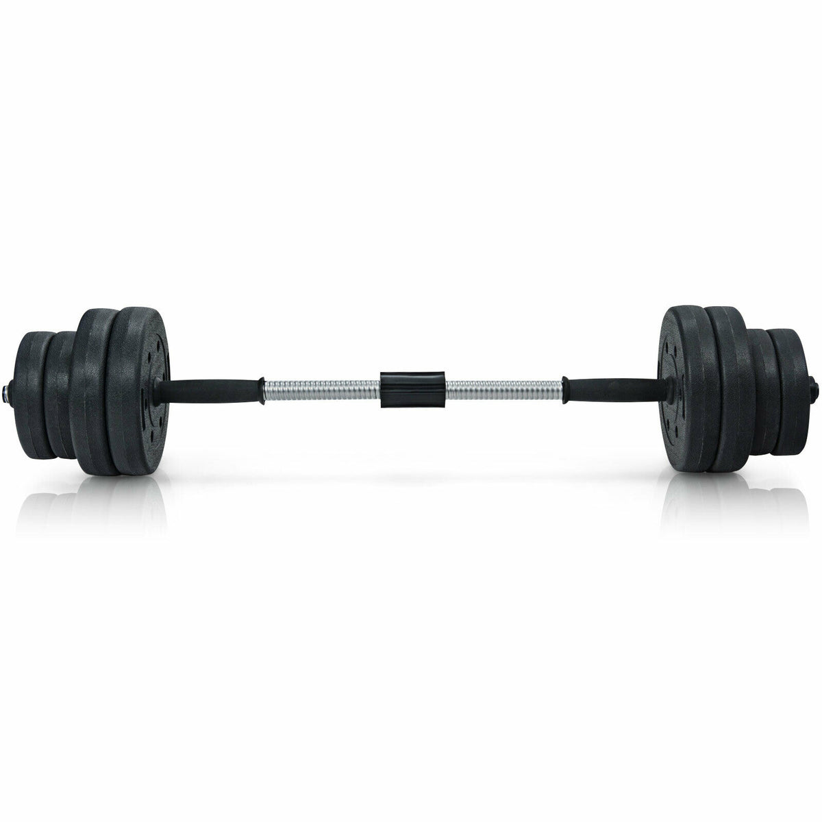 The adjustable weight dumbbell and barbell set assembled as a barbell