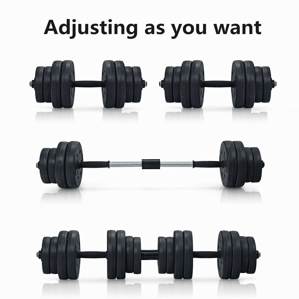 The adjustable weight dumbbell and barbell set shown in three different configurations