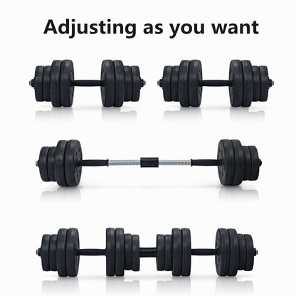 The adjustable weight dumbbell and barbell set shown in three different configurations