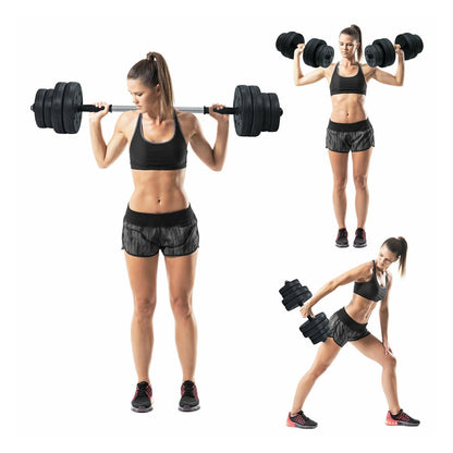 Woman demonstrating different exercises with the adjustable weight dumbbell and barbell set