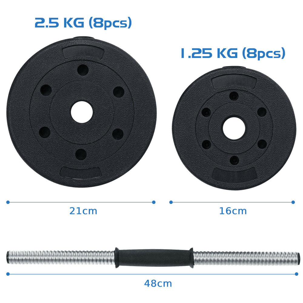 Diagram showing the different sized weight plates and barbell bar for the adjustable weight set