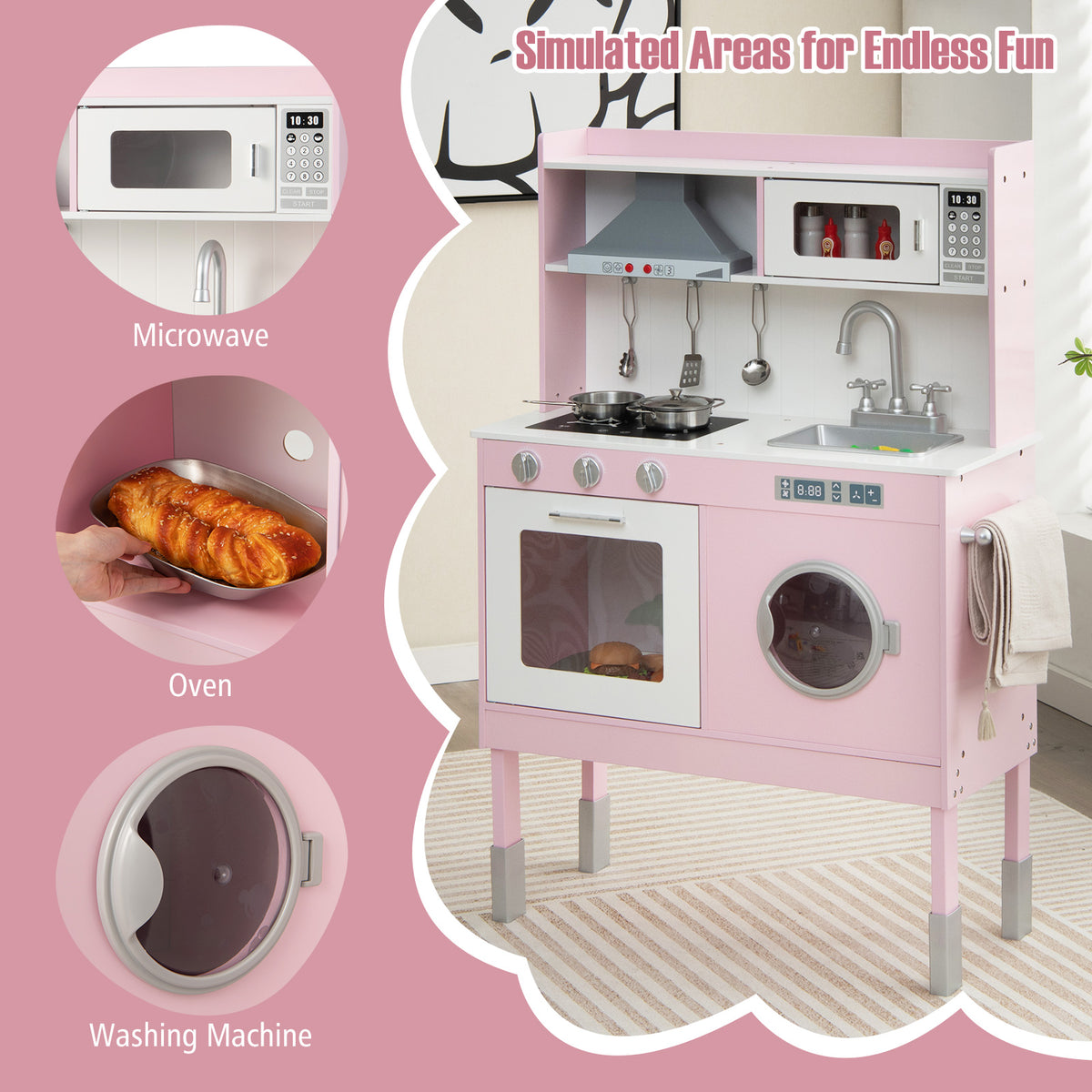 Close-up views of the microwave, oven and washing machine on the pink play kitchen