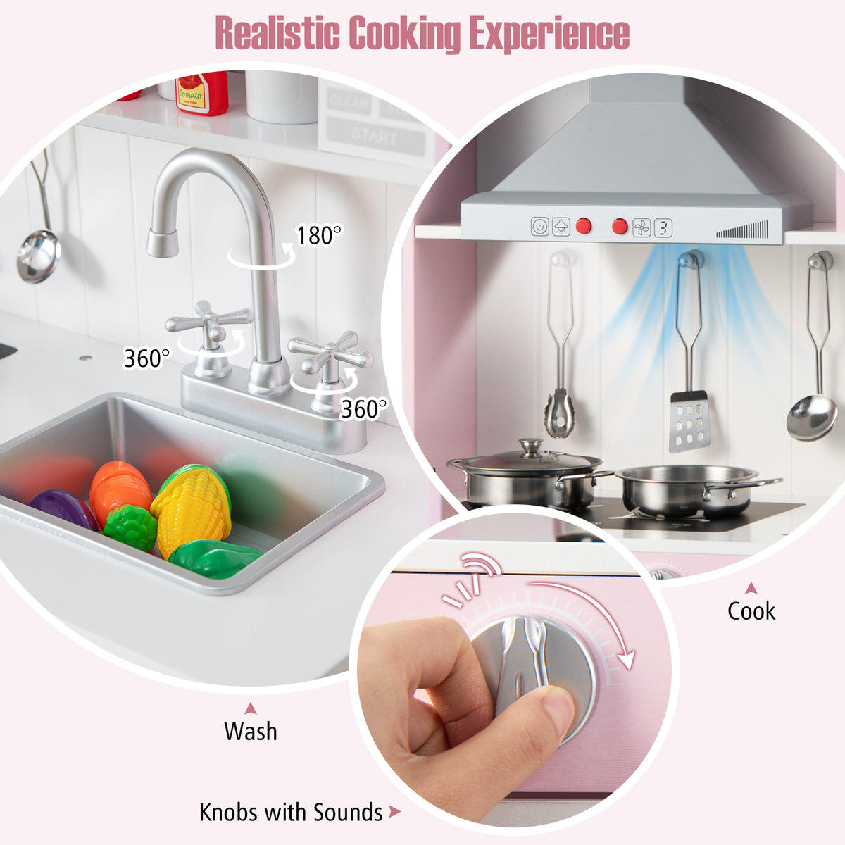 Close-up of the sink, hob knobs and utensils on the pink play kitchen set