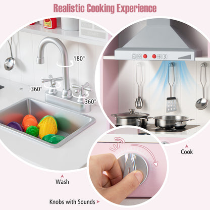 Close-up of the sink, hob knobs and utensils on the pink play kitchen set