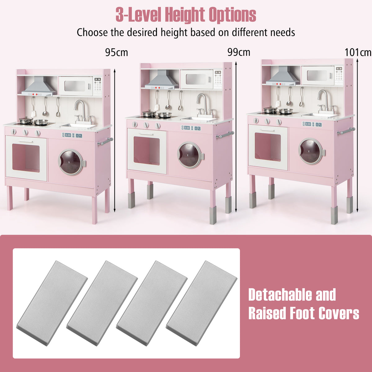 Three height options for the pink play kitchen set, with detachable foot covers shown