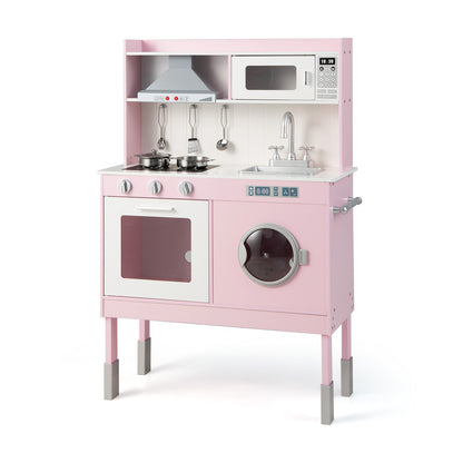 Adjustable Wooden Kids Play Kitchen with Washing Machine in pink, showing the oven, hob, sink and washing machine