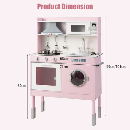 Pink wooden play kitchen set with dimensions shown for height, width and depth