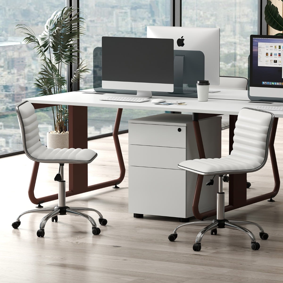 Adjustable Office Chair with Swivel Seat and Universal Wheels-White