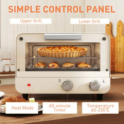 HOMCOM Mini Oven, Small Toaster Oven with Glass Door, Adjustable Temperature and Timer, Accessory Included, 750W, Cream White