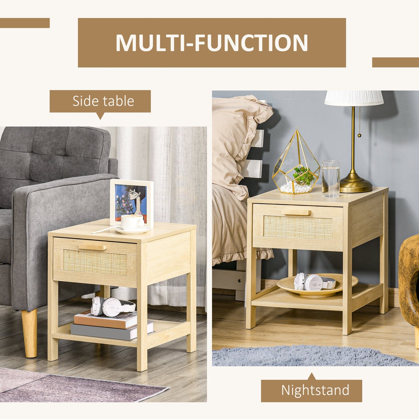 HOMCOM Chest of Drawer and Nightstands, Boho Rattan Furniture Set, Nature Wood Finish