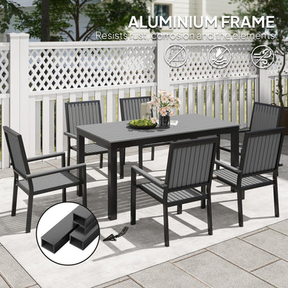 Outsunny 6 Seater Garden Dining Set with Stackable Chairs, Aluminium Frame, Rectangular Plastic Top, Garden Furniture Set, Outdoor Dining Table and Chairs for Patio, Balcony, Poolside, Grey