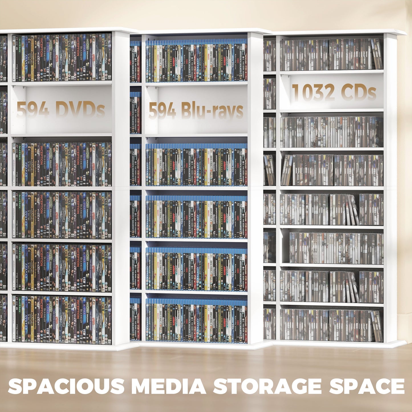 HOMCOM 1032 CD/594 DVD Storage Unit, Blu-ray Media Storage Shelf with 24 Compartments and 18 Adjustable Shelves, White