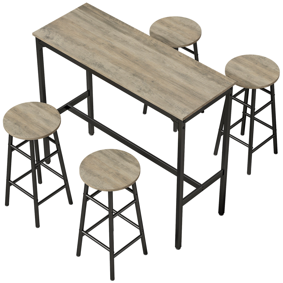 HOMCOM 5 Piece Bar Table Set with 4 Stools in Grey Wood Effect