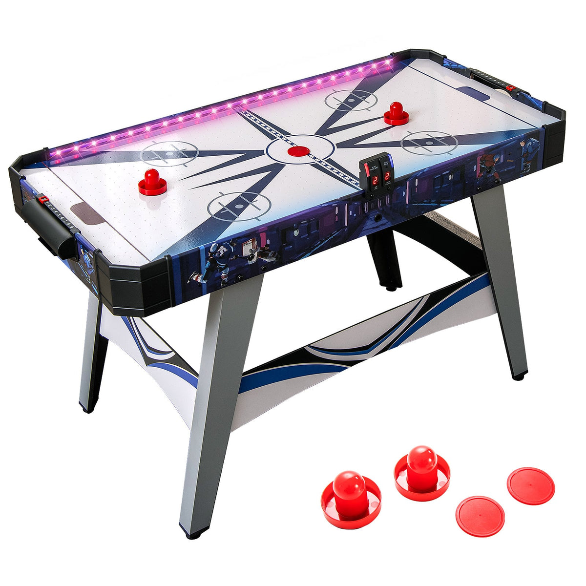 Air Hockey Game Table with LED lights and four pucks on the playing surface
