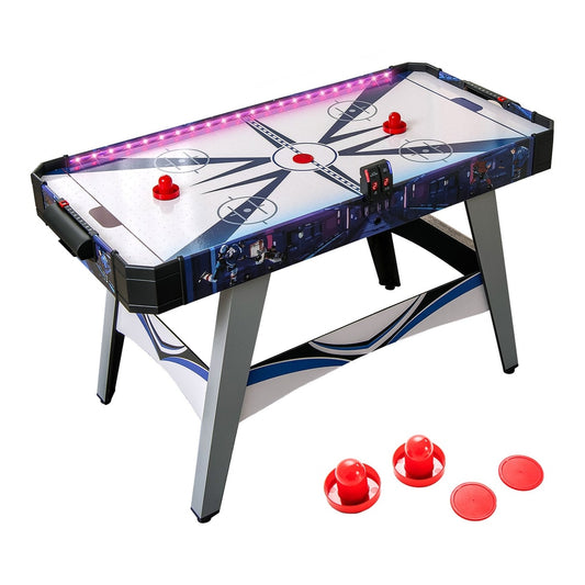 Air Hockey Game Table with LED lights and four pucks on the playing surface