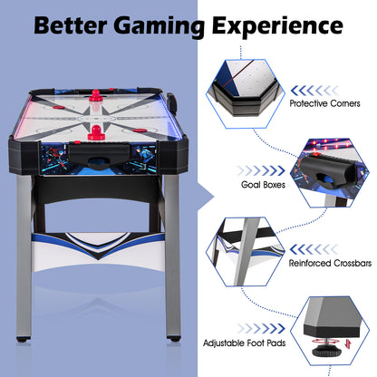 Close-ups of the air hockey table showing protective corners, goal boxes, crossbars and foot pads
