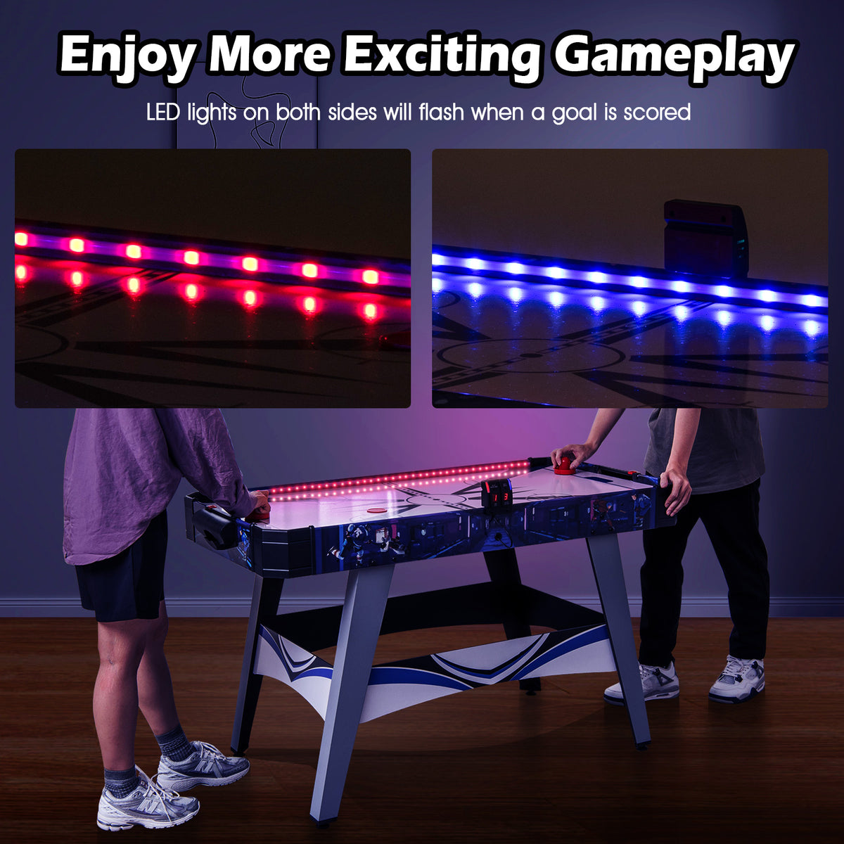 Two people playing the air hockey table with LED lights flashing