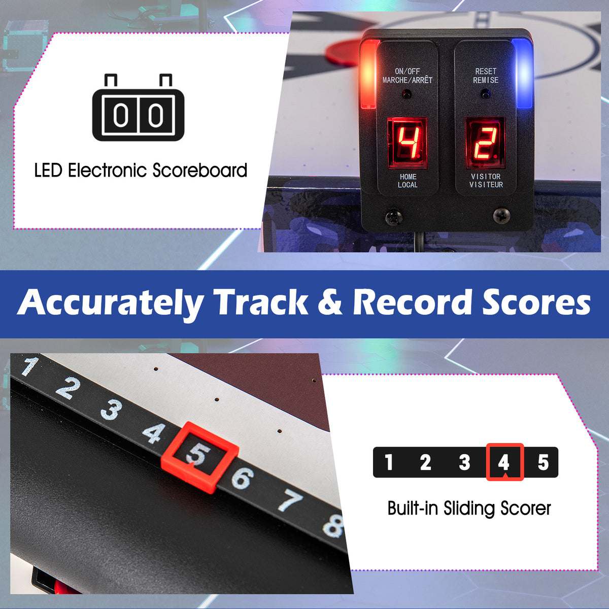 The air hockey table with an electronic scoreboard and a manual score tracker