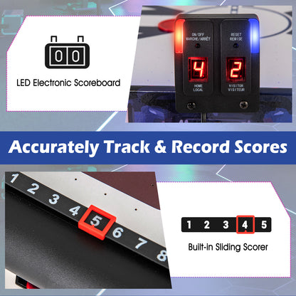 The air hockey table with an electronic scoreboard and a manual score tracker