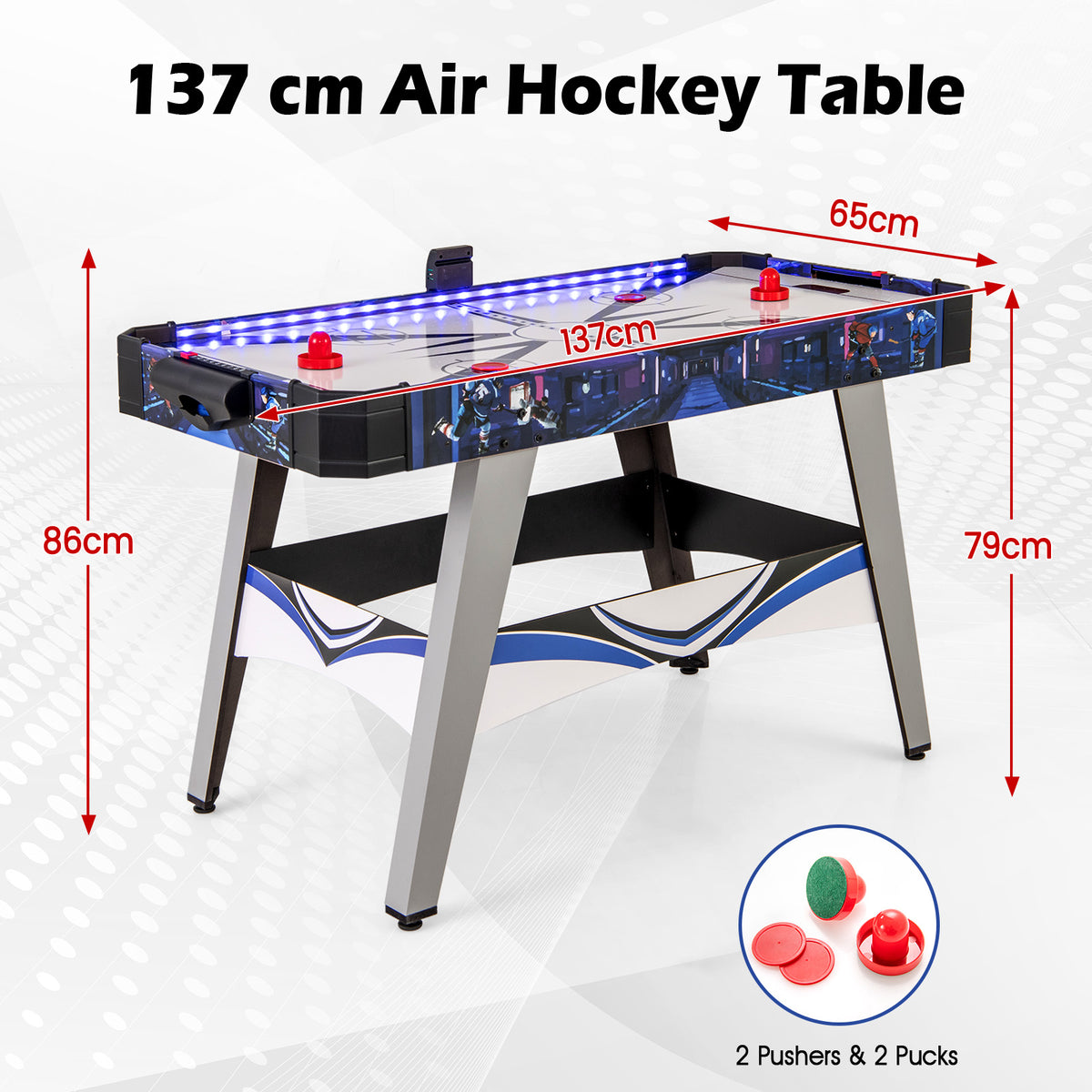The air hockey table with dimensions shown for length, width and height