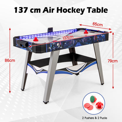 The air hockey table with dimensions shown for length, width and height