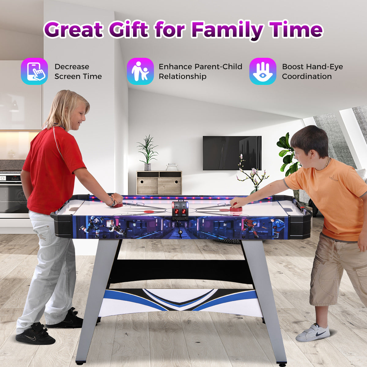 Two children playing on the game table in a modern open plan living room