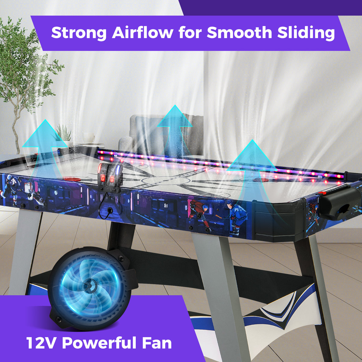 The game table with a close-up of the powerful fan and airflow illustration