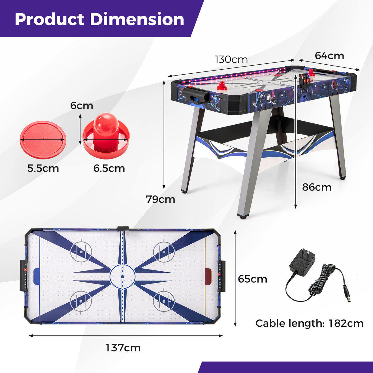 The game table with various dimensions and measurements shown in white text