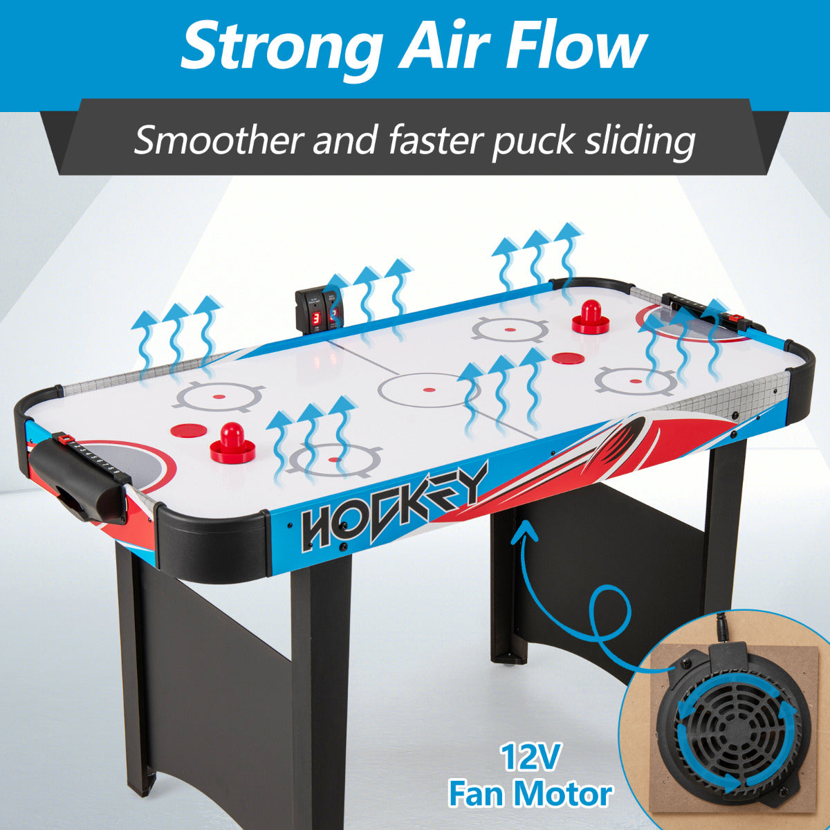 Strong air flow from the fan motor on the game room air hockey table