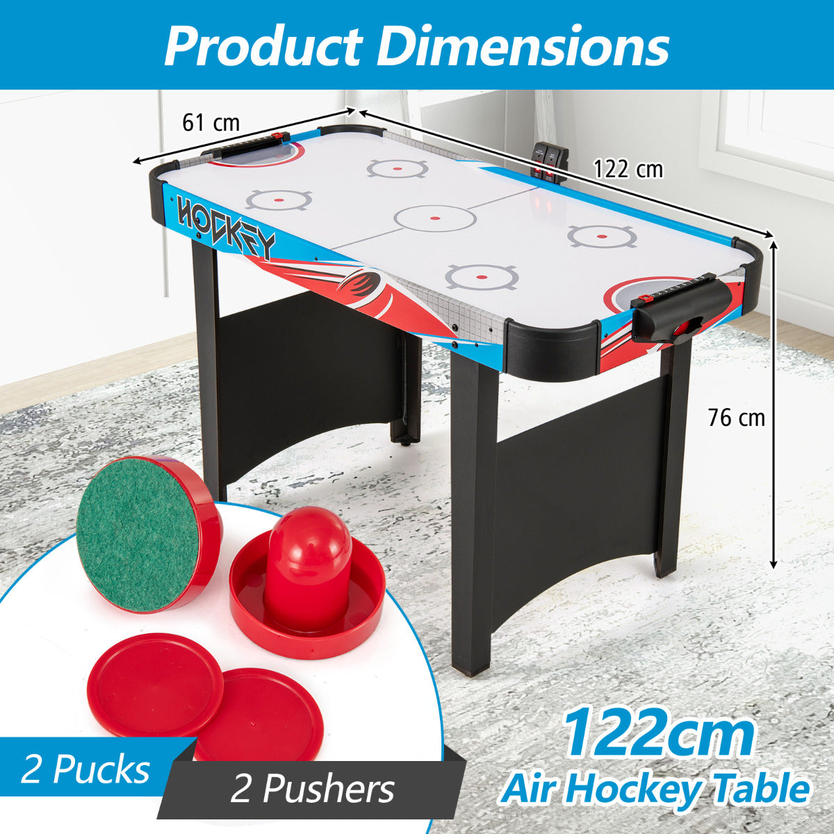Product dimensions of the game room air hockey table
