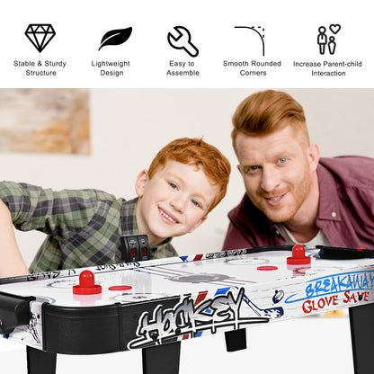 Close up of the air powered hockey table with two children smiling