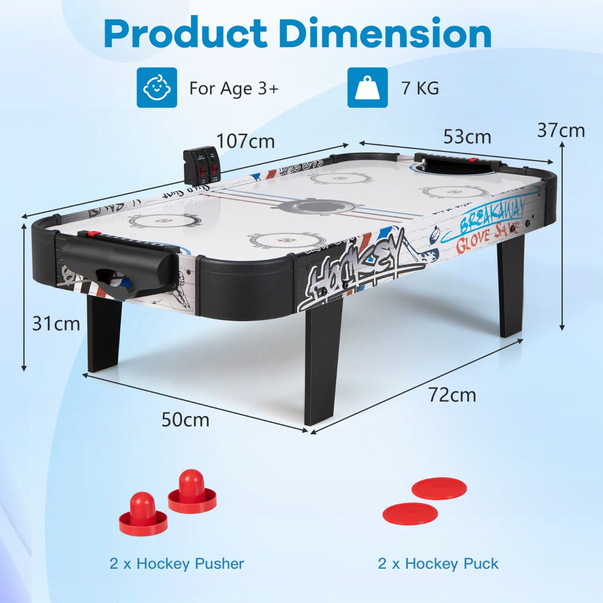 The air powered hockey table with dimensions and weight shown
