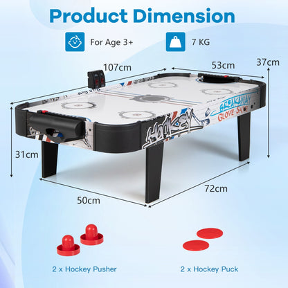 The air powered hockey table with dimensions and weight shown