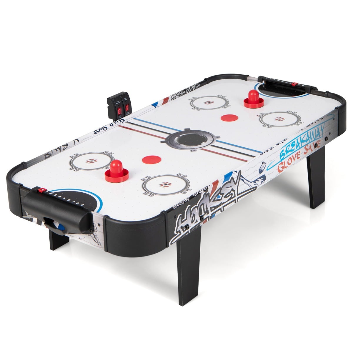 Air Powered Hockey Table with pucks, pushers and LED scoreboard, showing the full product from a front angle