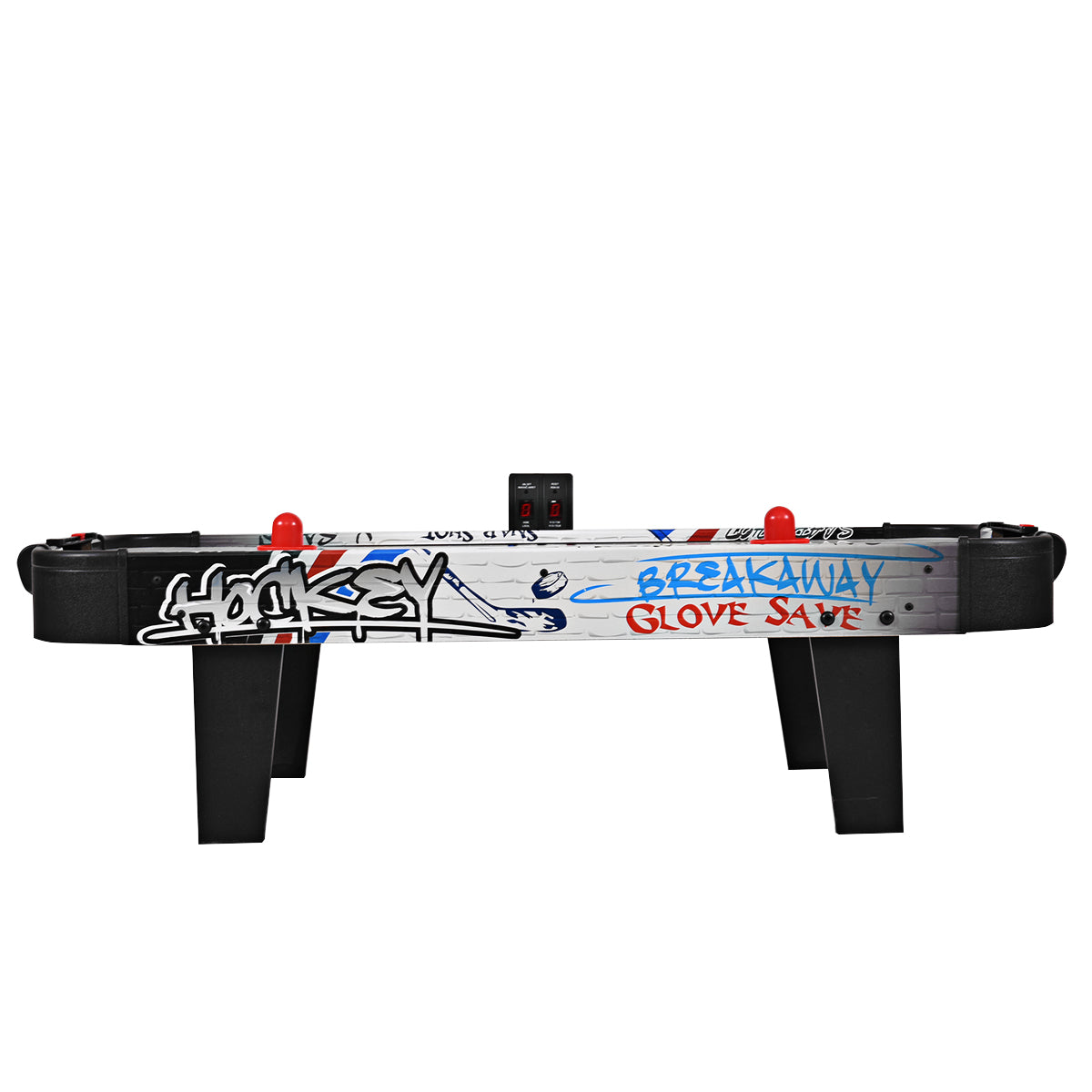 The air powered hockey table has a colourful graphic design on its sides and black legs