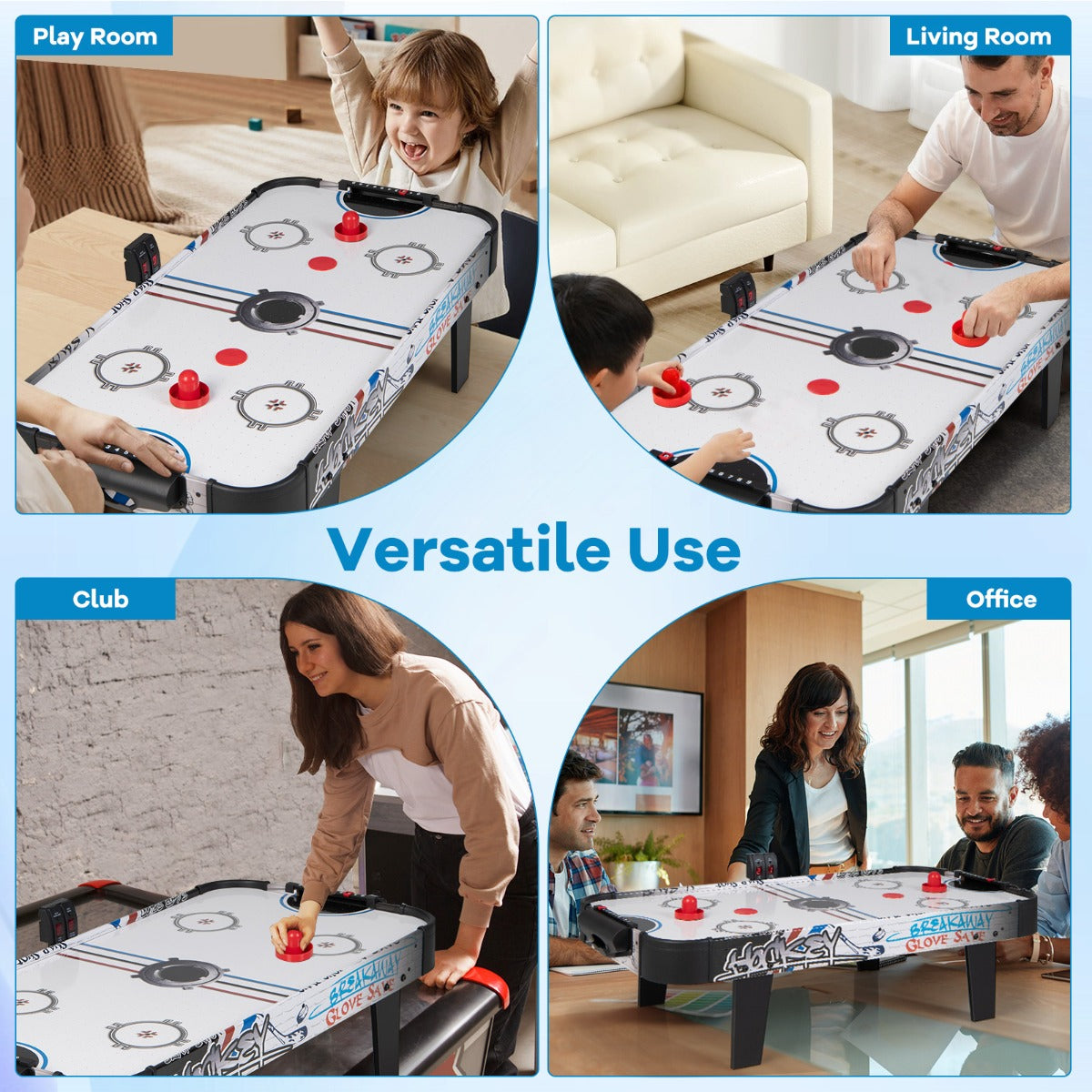 Four different settings for playing the air powered hockey table