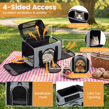 The grey pet carrier is open showing four-sided access and ventilation features