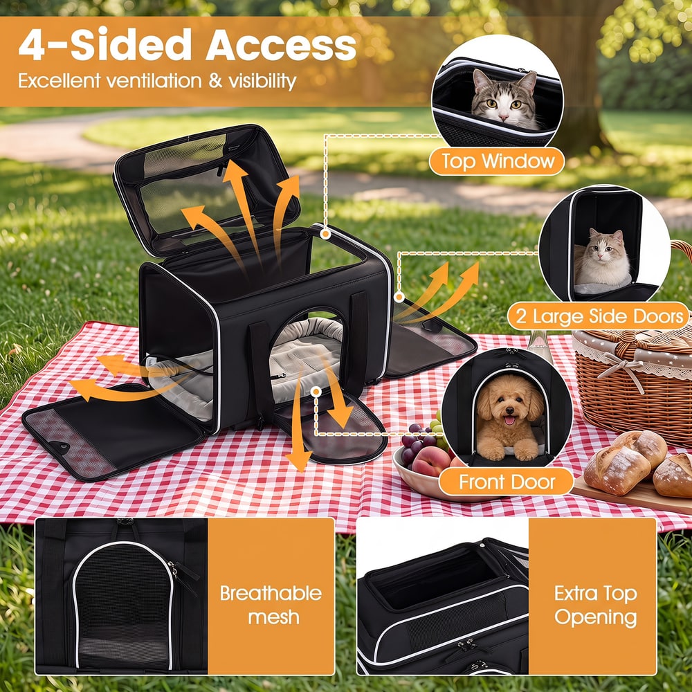 The rolling pet carrier is shown with multiple access points and ventilation