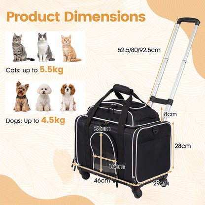 A black rolling pet carrier with dimensions and weight limits for cats and dogs