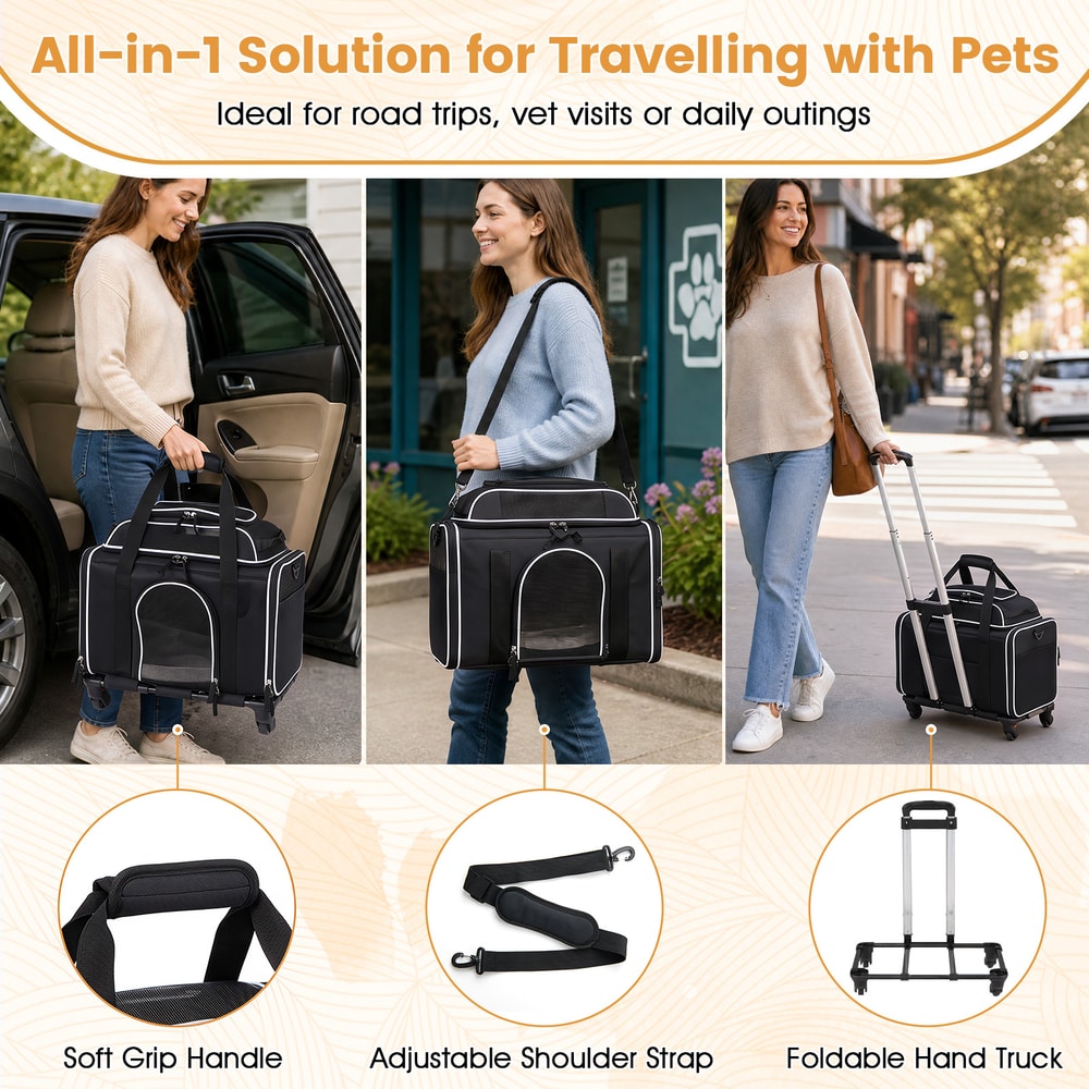 Collage showing the rolling pet carrier being used in different ways and its parts