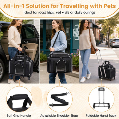 Collage showing the rolling pet carrier being used in different ways and its parts