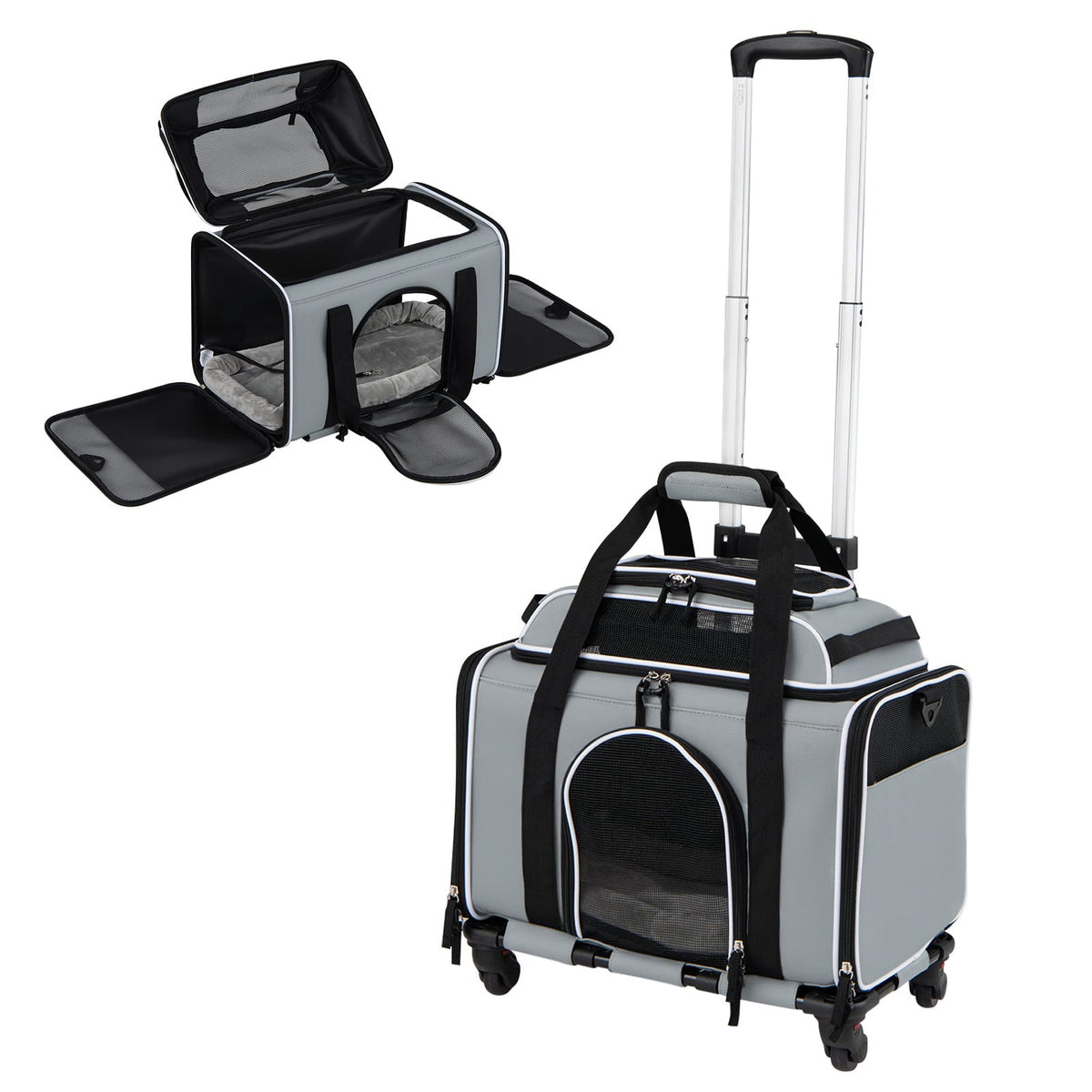 Airline Approved Rolling Cat and Dog Carrier in grey with telescopic handle and wheels
