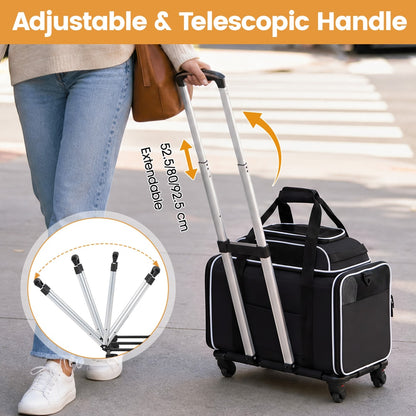The telescopic handle of the rolling pet carrier is shown being extended