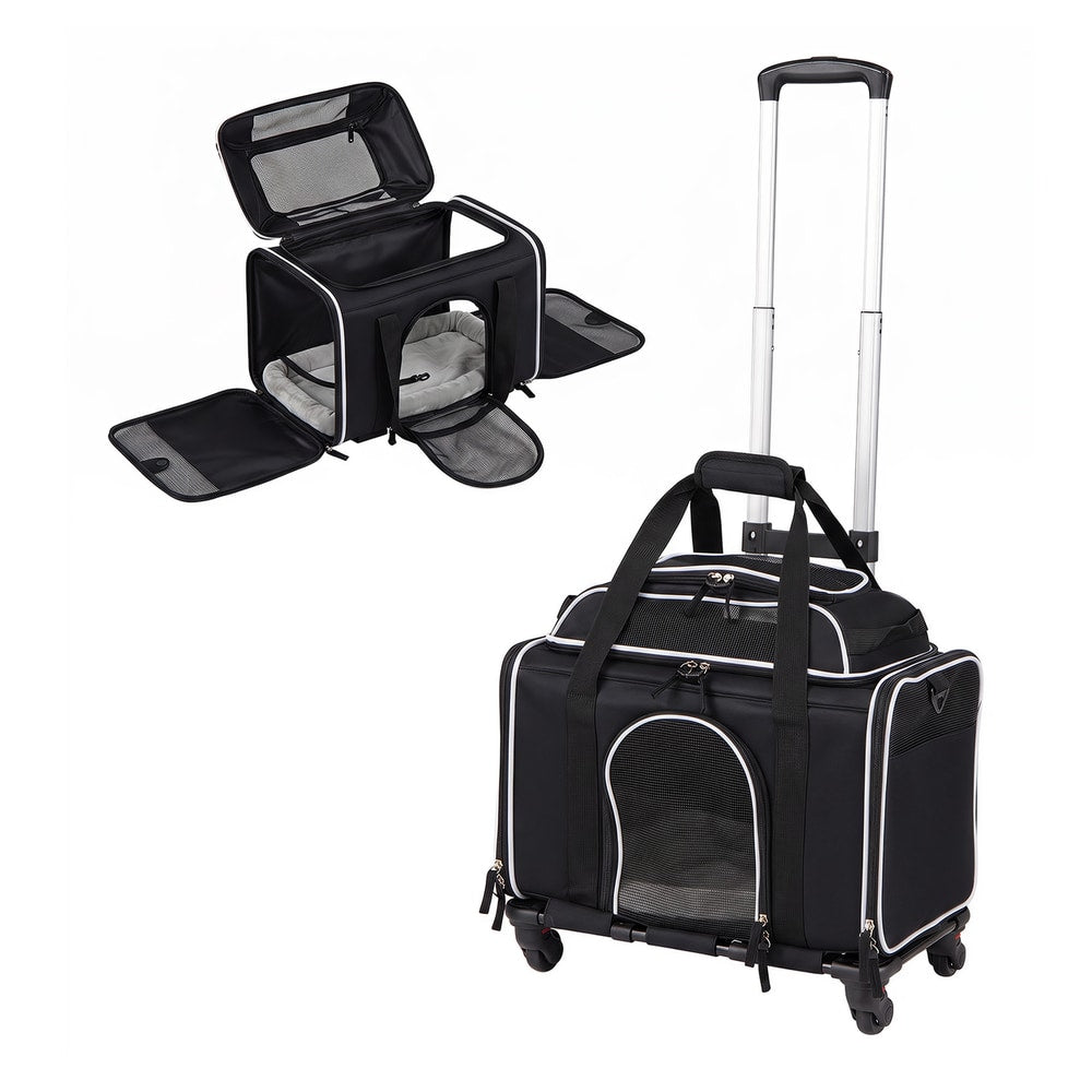 Airline Approved Rolling Cat and Dog Carrier shown open and closed with telescopic handle extended
