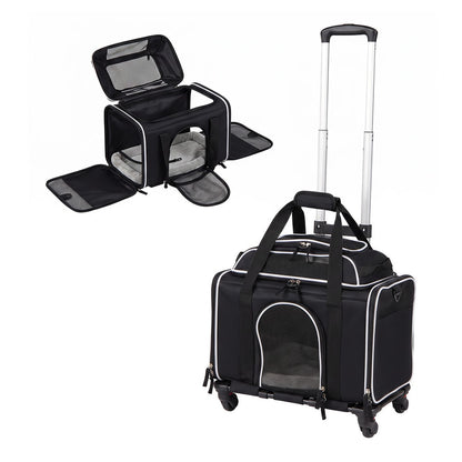 Airline Approved Rolling Cat and Dog Carrier shown open and closed with telescopic handle extended